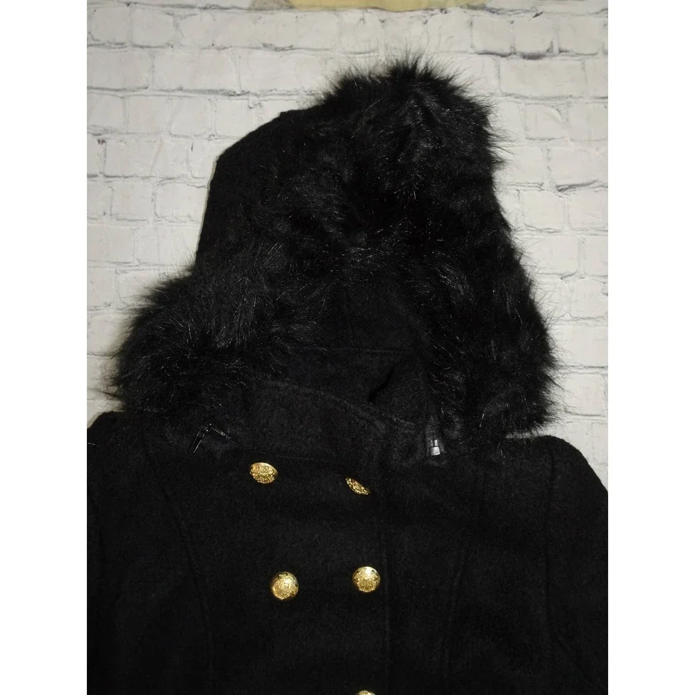 Liz Claiborne Sz M Women's Black Boucle Faux Fur Hooded Wool Blend Swing Coat - Picture 3 of 9